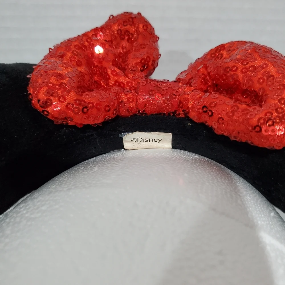 Disney Parks Minnie Mouse Black Plush Ears Red Seqin Bow Headband L👀K